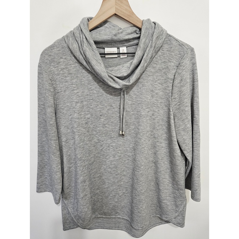 Weekends by Chico's Gray Cowl Neck Drawstring Top 3/4 Sleeve Size 2 Large